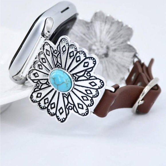 Retro Butterfly Style Adjustable Leather Metal Watch Band with Turquoise Accents - Picture 1 of 8
